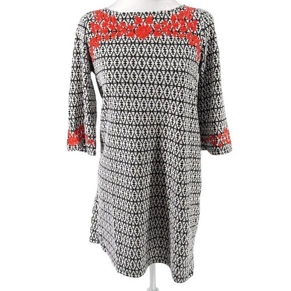 THML Embroidered Tunic Dress Sz MP Tribal Print Black & White w/ Red Floral - Picture 1 of 10